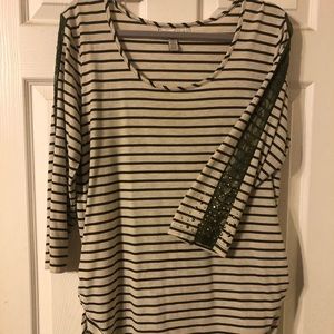 Cream and army green striped top with lace arm panels